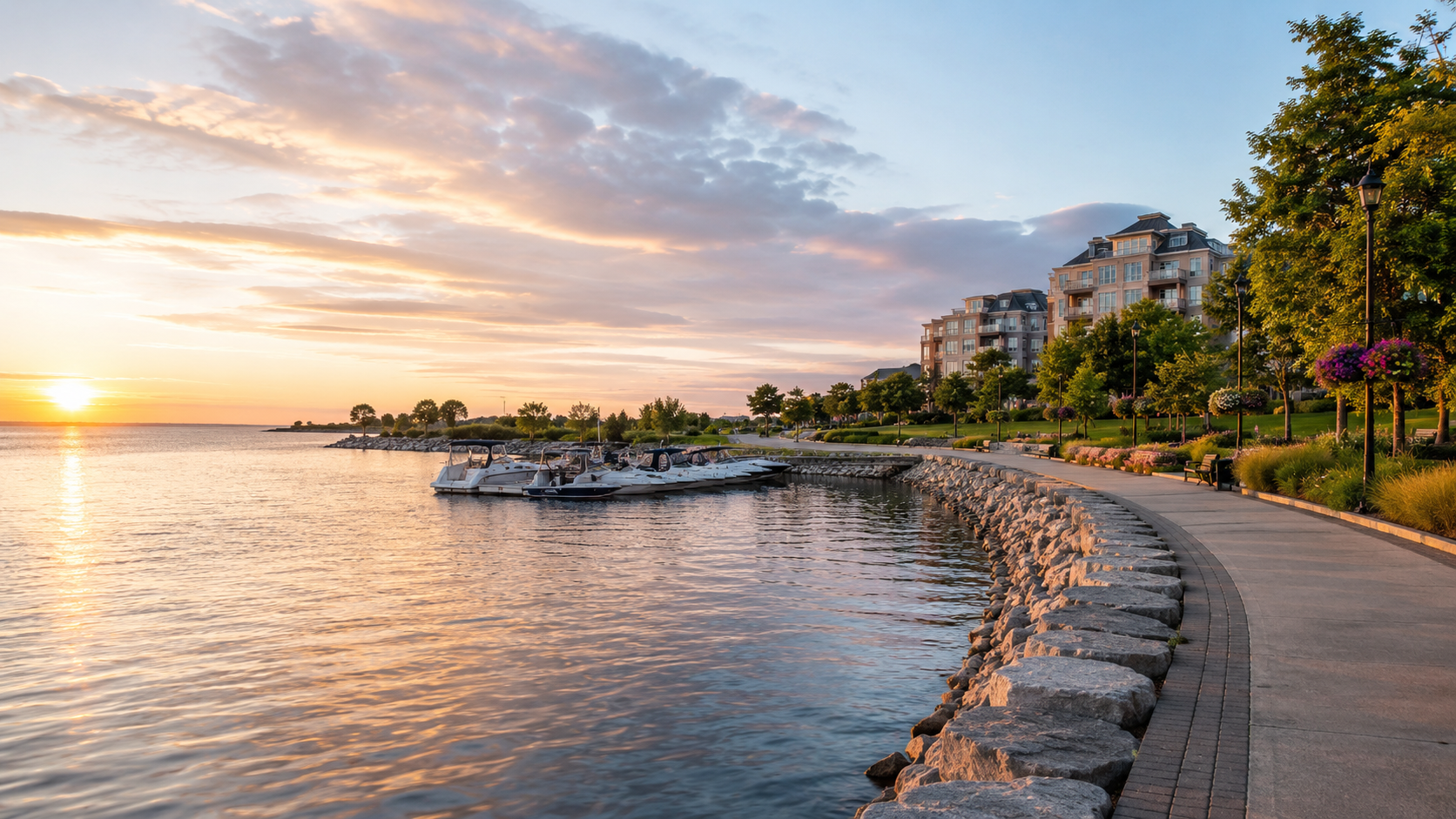 Ajax waterfront at sunset with Lake Ontario shoreline, marina boats, lakeside promenade, waterfront condos and golden sky reflections.