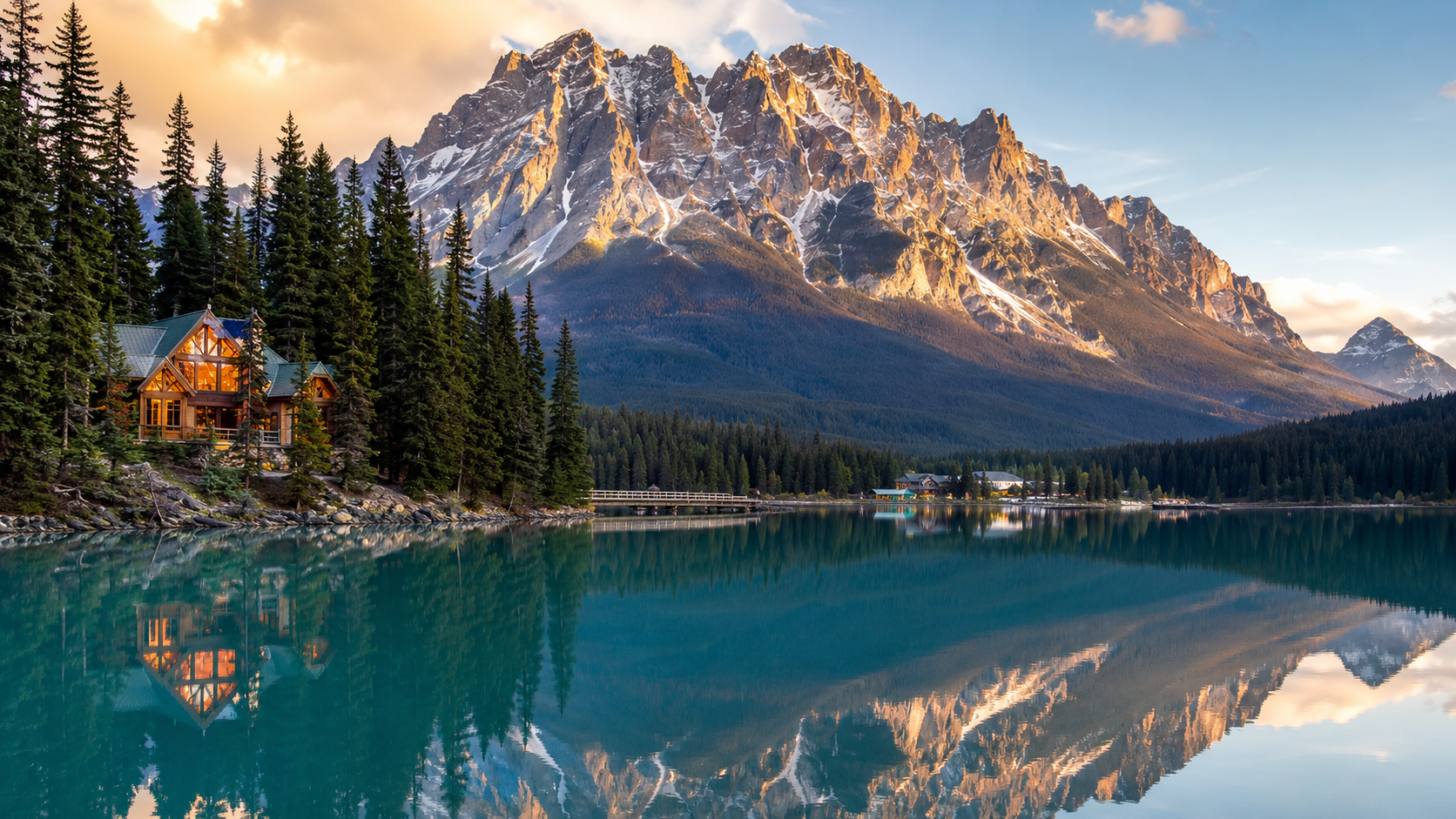 Alberta mountain lake at golden hour with Rocky Mountain peaks, evergreen forest and lakeside lodge reflections in Canada.