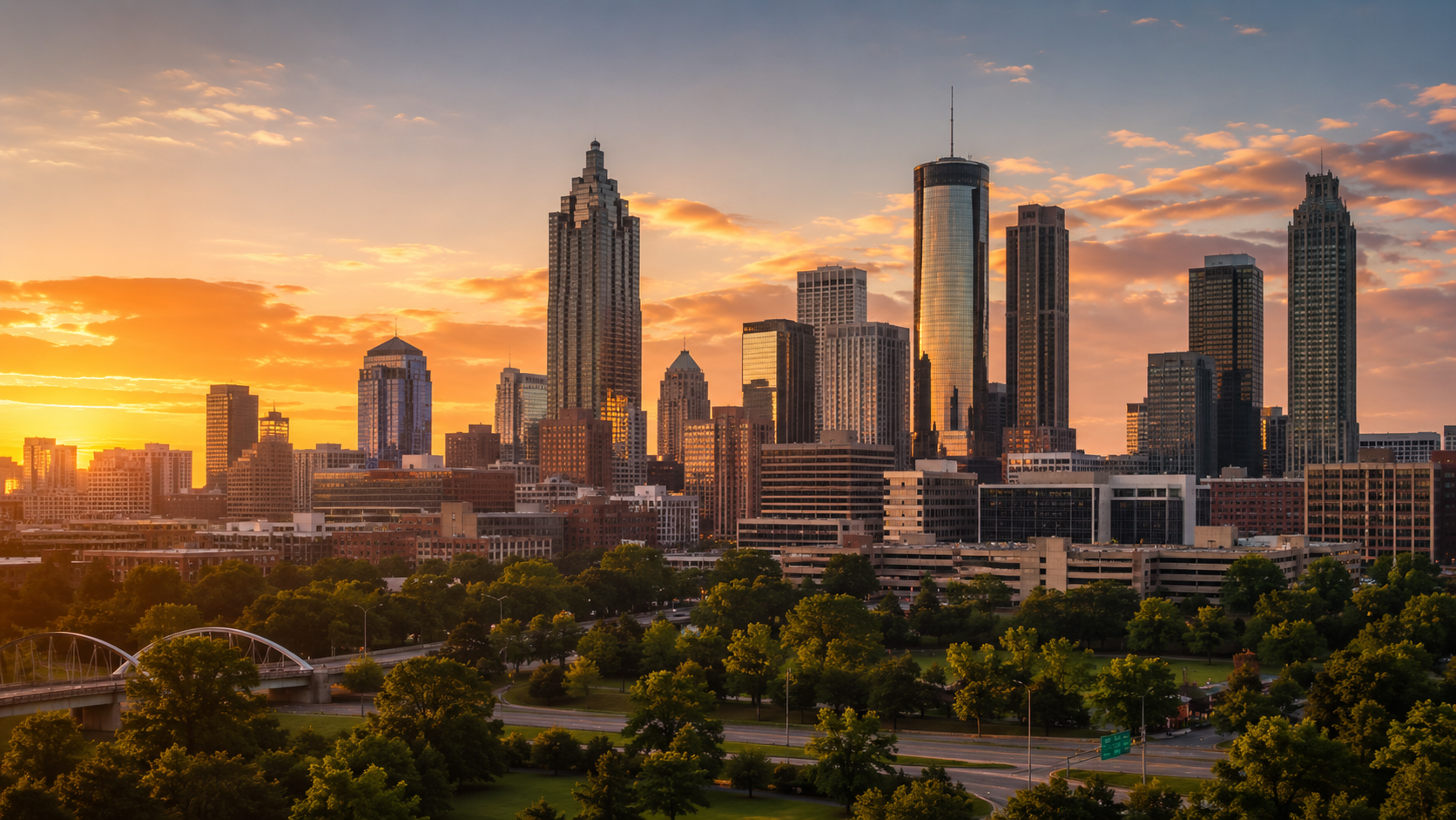 Atlanta skyline at golden hour with downtown high-rises, green park space and sunset sky in Georgia.