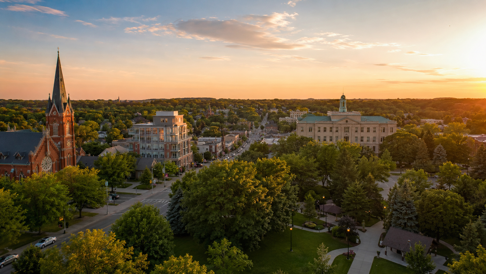 Aurora downtown at golden hour with historic buildings, tree-lined streets, town park and church steeple in Ontario, Canada.