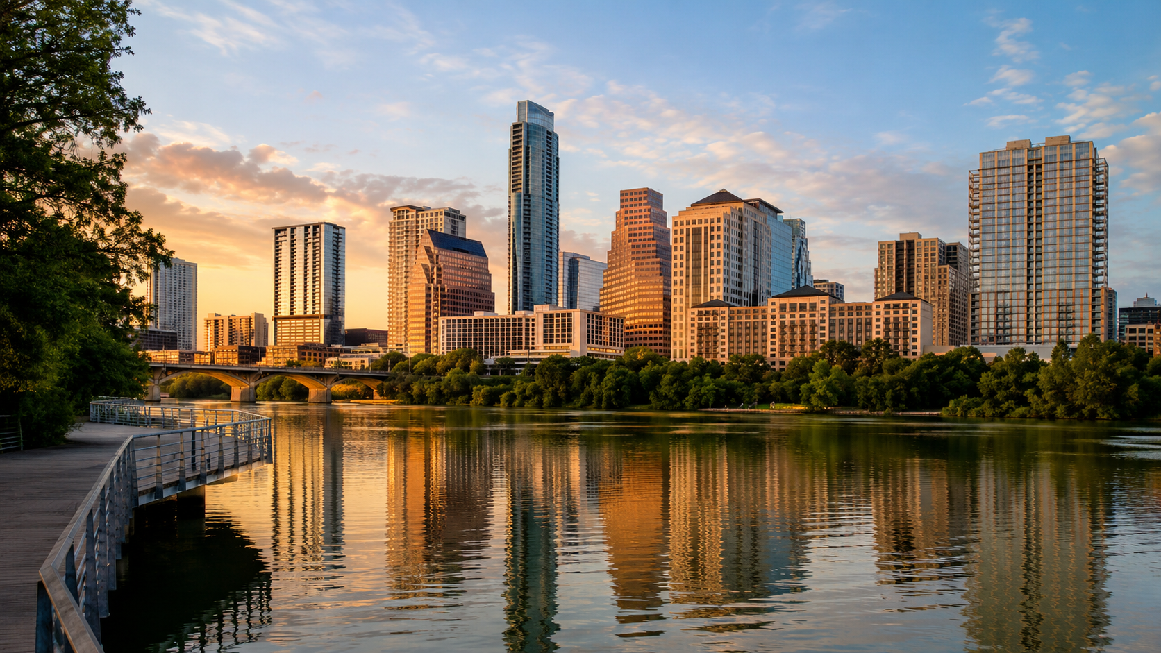 Austin skyline at golden hour with downtown high-rises, green park space and city streets in Texas, USA.