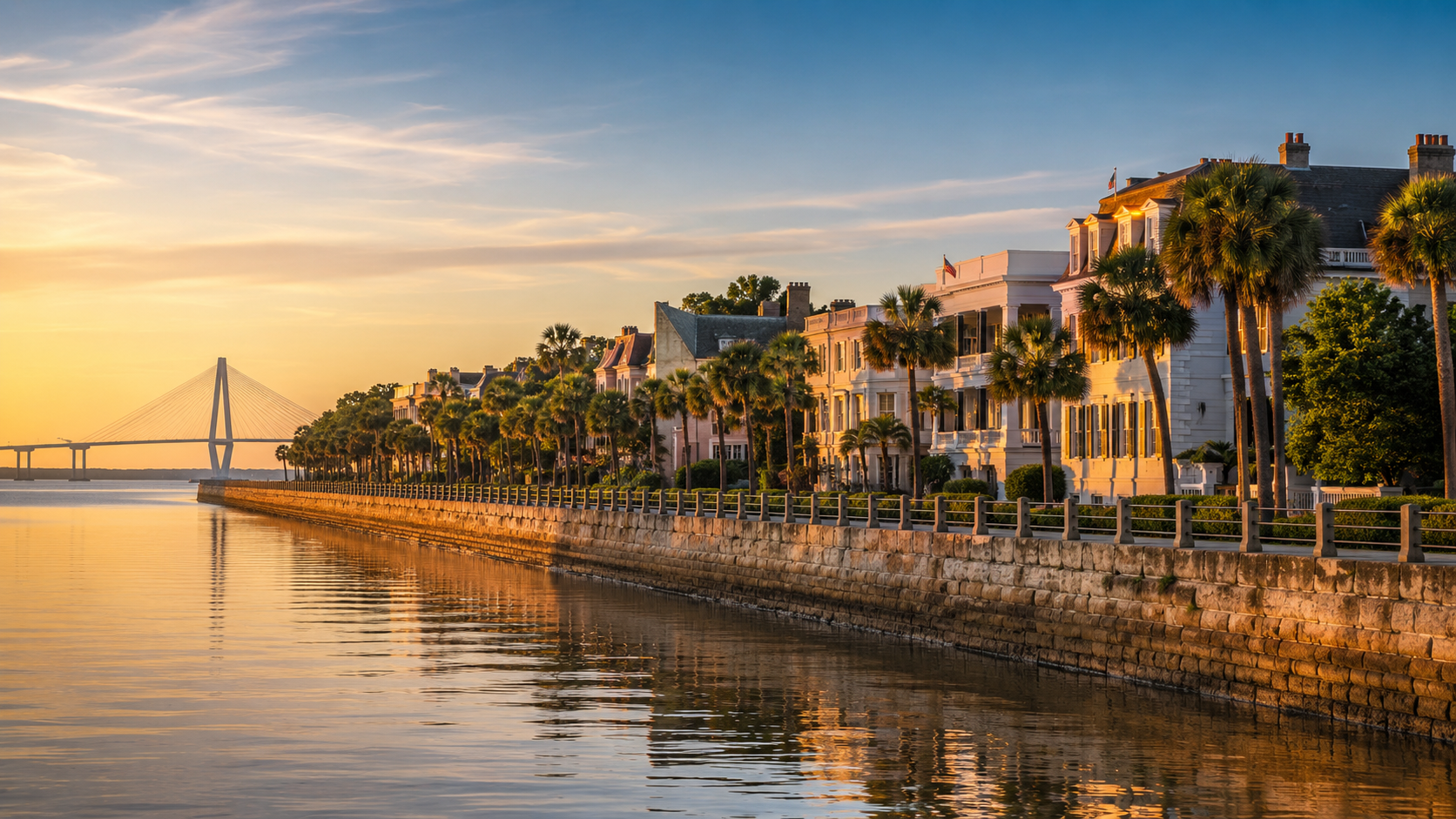 Charleston waterfront at golden hour with historic homes, palm trees, harbour reflections and the Arthur Ravenel Jr. Bridge in South Carolina.