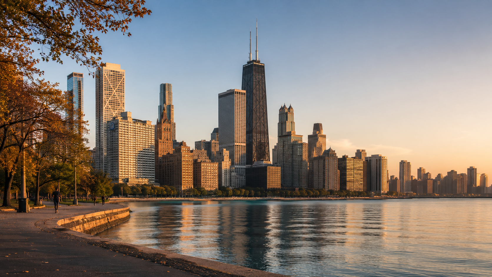 Chicago skyline at golden hour with Lake Michigan waterfront, downtown skyscrapers and autumn trees in Illinois.