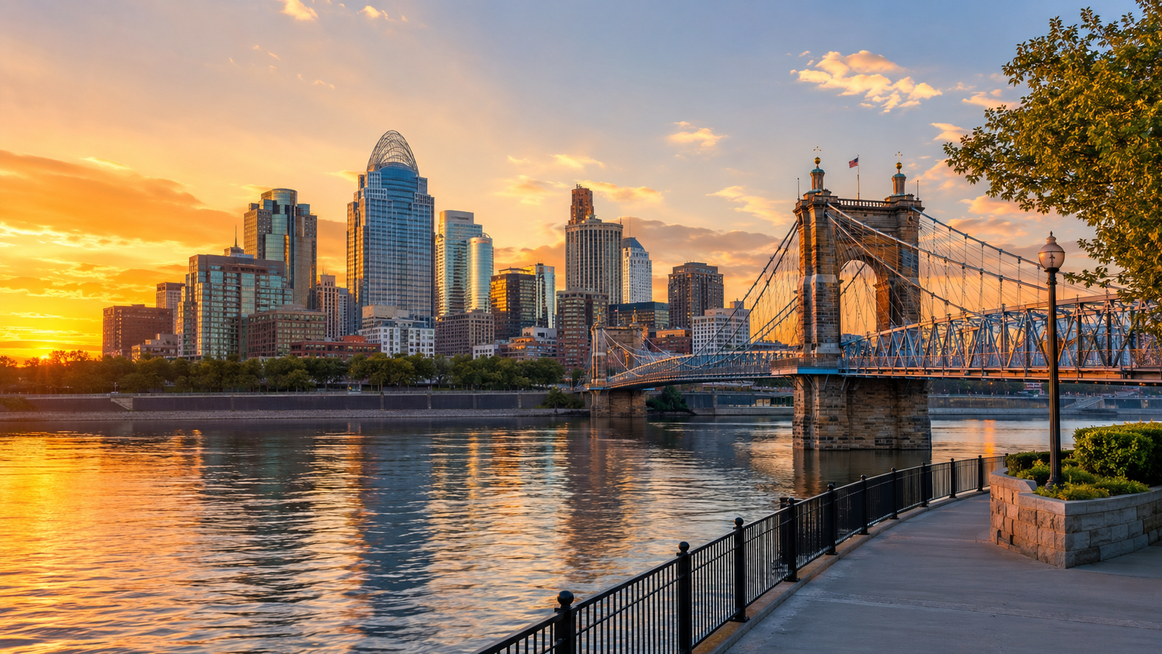 Cincinnati skyline at golden hour with Ohio River reflections, downtown high-rises, riverfront walkway and Roebling Suspension Bridge.