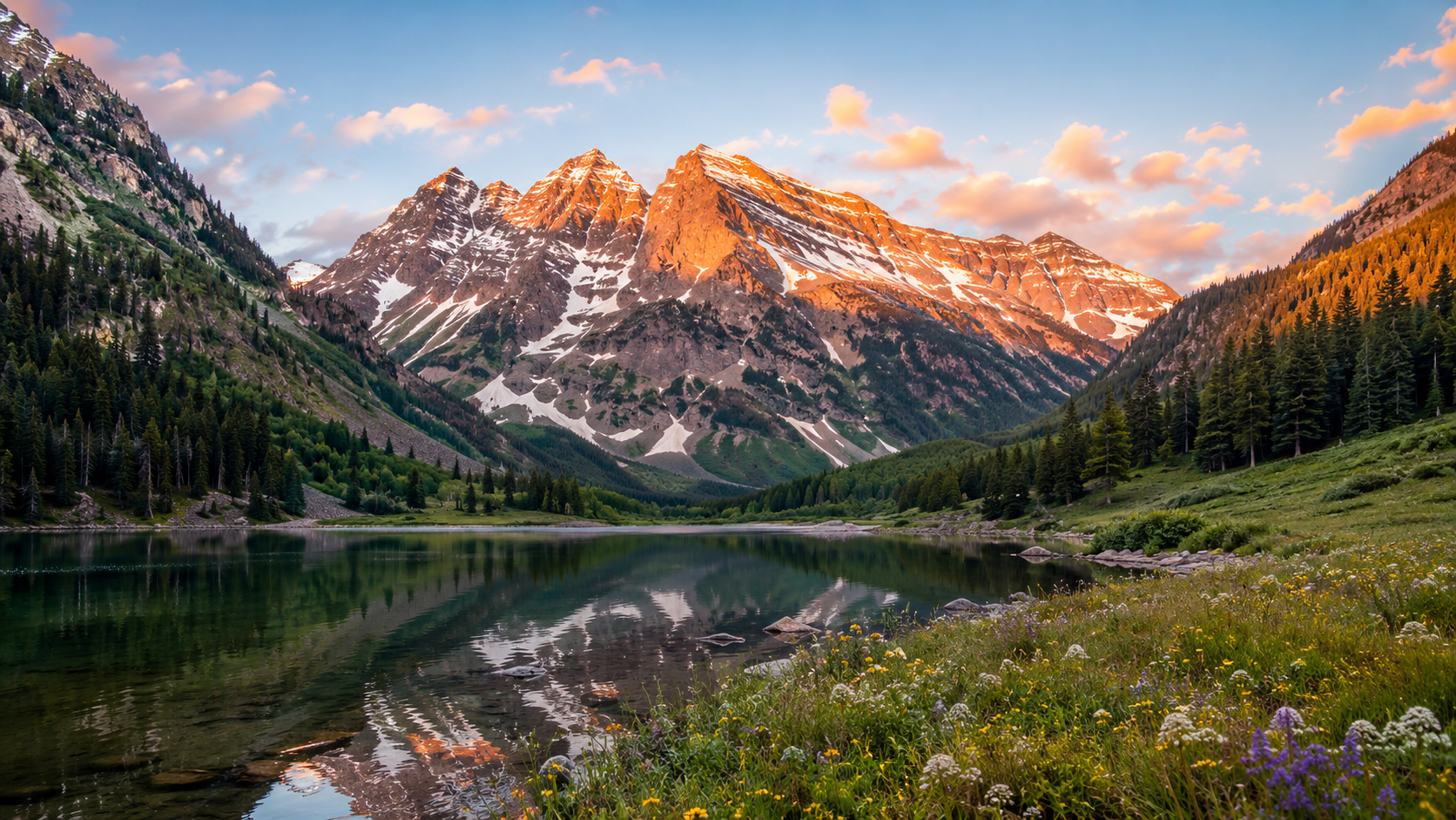 Colorado mountain lake at golden hour with Rocky Mountain peaks, evergreen forest, wildflowers and clear water reflections.