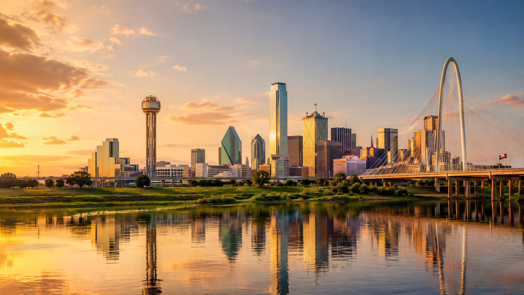 Dallas skyline at golden hour with Reunion Tower, Margaret Hunt Hill Bridge and Trinity River reflections in Texas.