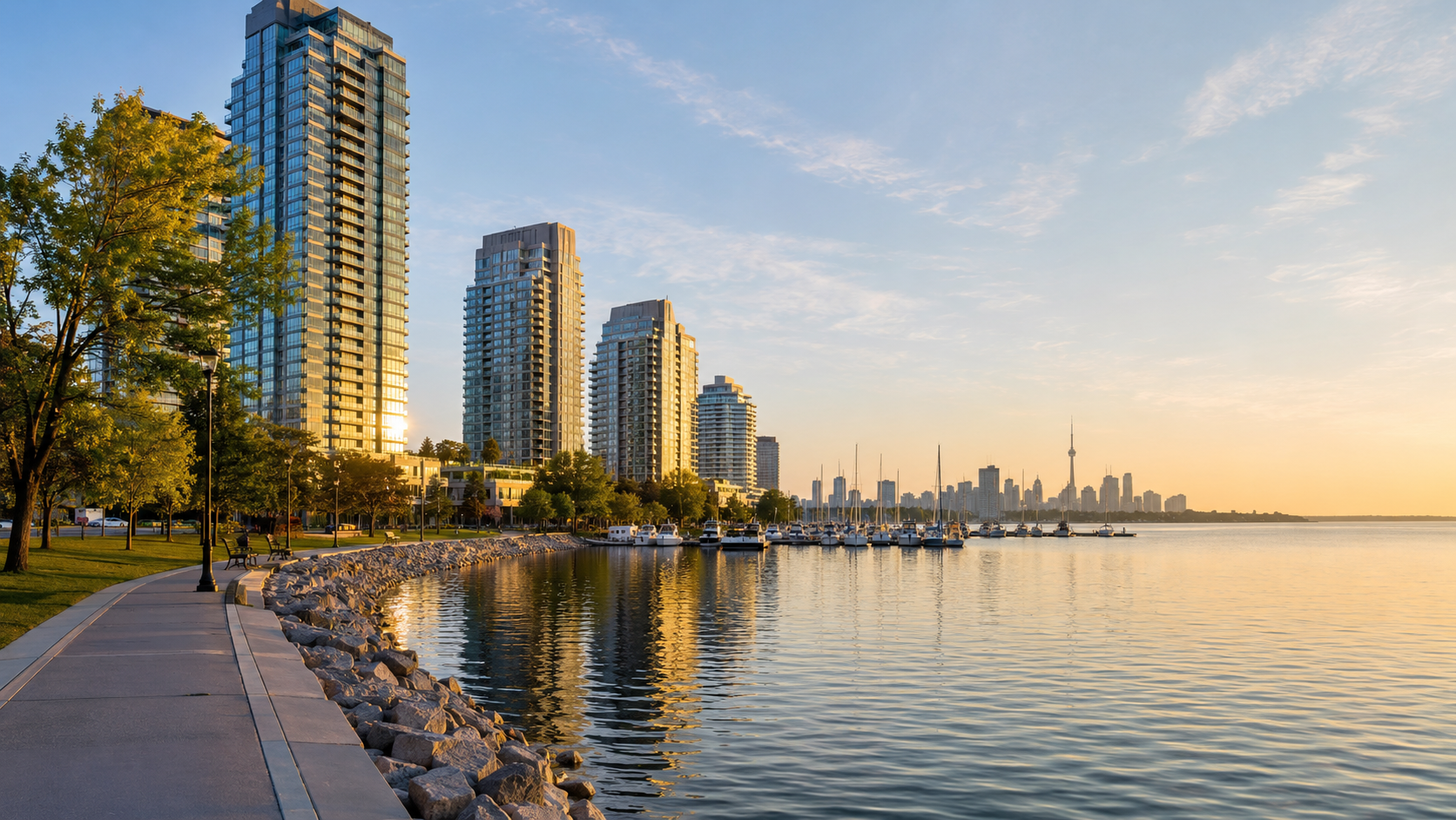 Etobicoke waterfront at golden hour with Lake Ontario, marina boats, high-rise condos and the Toronto skyline in the distance.