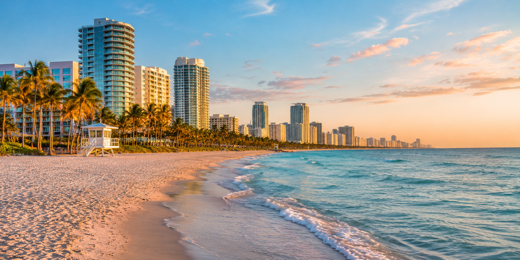 Florida beach at golden hour with palm trees, ocean waves, lifeguard tower and coastal high-rises along the shoreline.