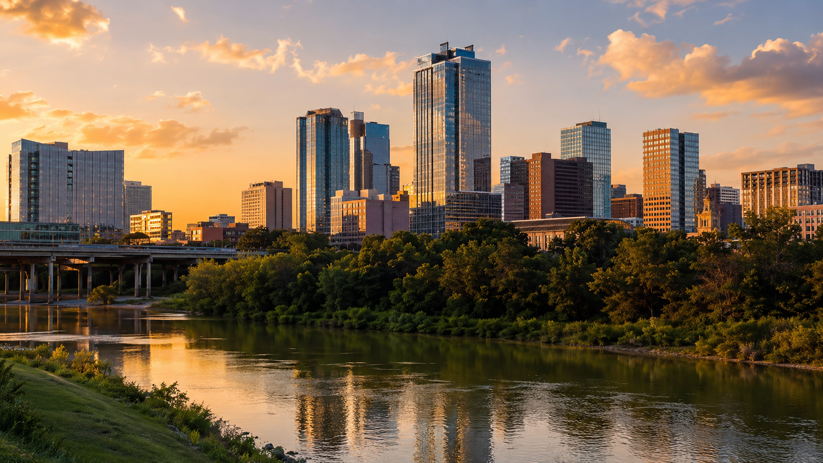 Fort Worth skyline at sunset with downtown high-rises, Trinity River reflections and green riverfront park in Texas.