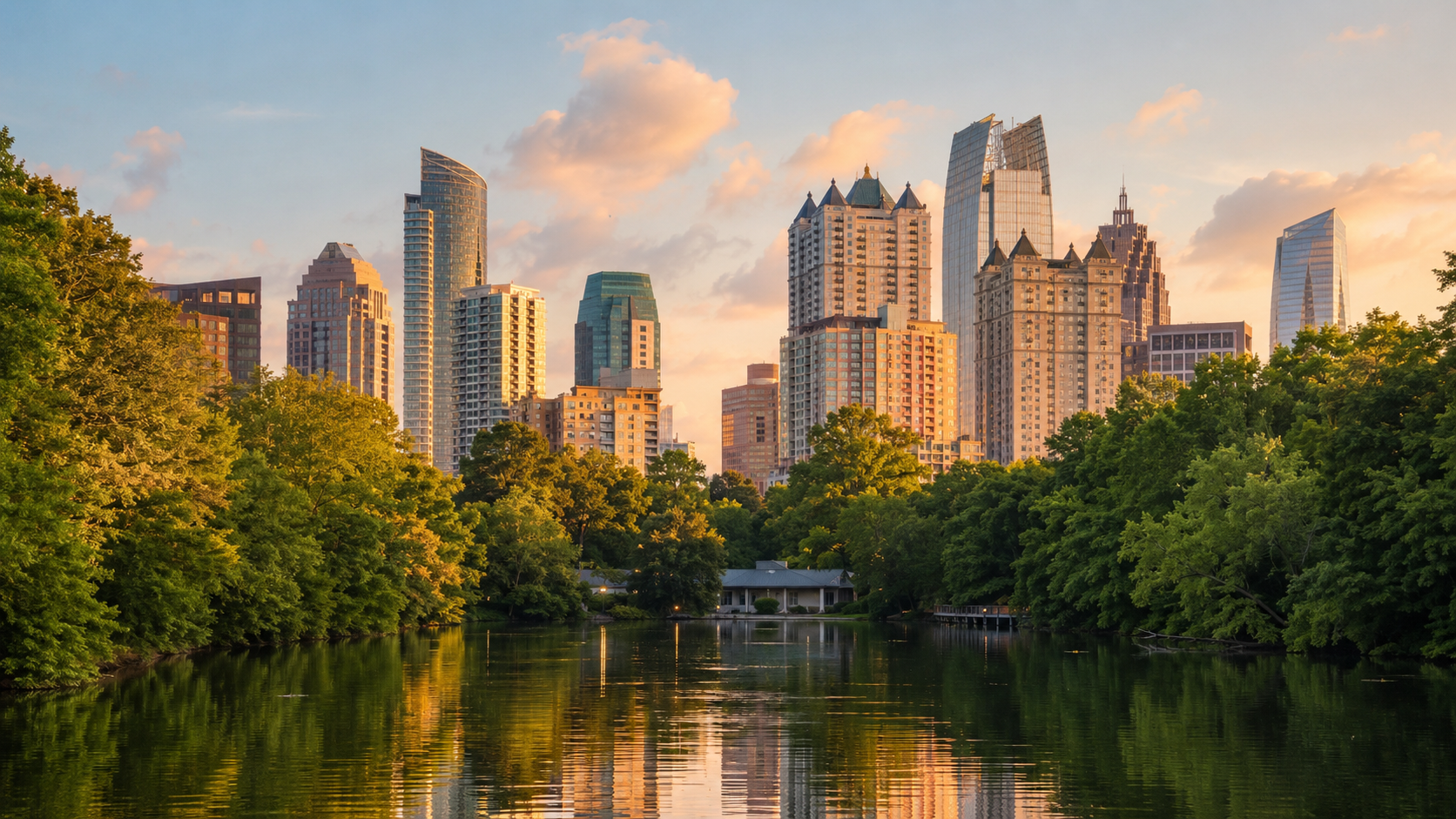 Georgia city skyline at golden hour with Atlanta-style high-rises, lush green park space and water reflections.