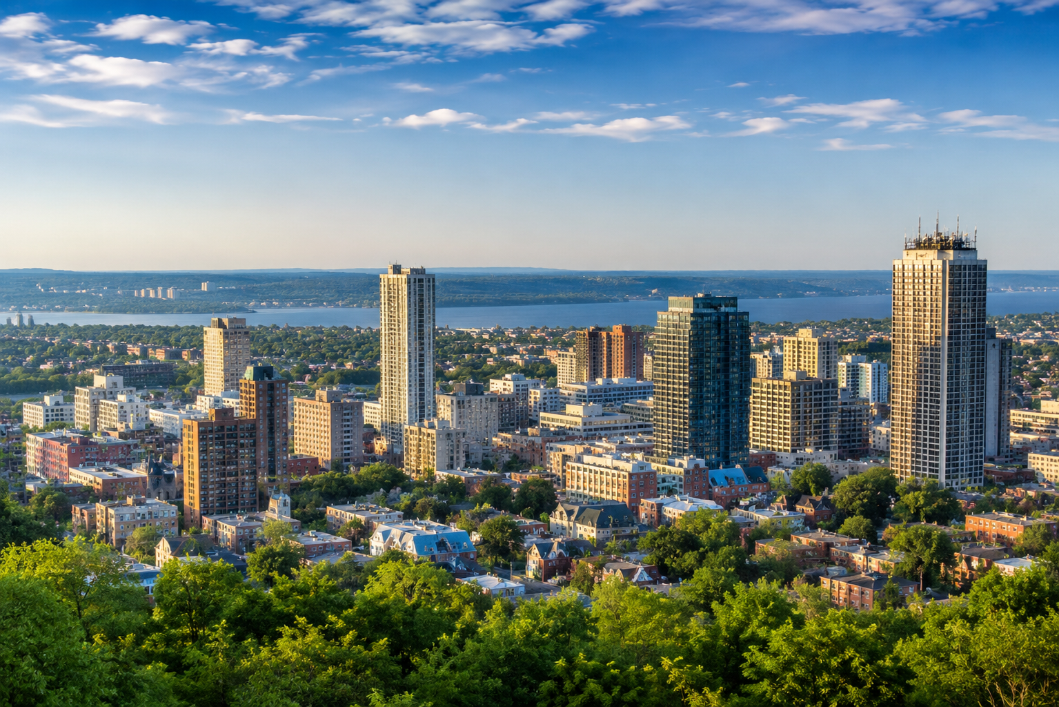 Hamilton skyline from the Niagara Escarpment with downtown buildings, green treetops and Hamilton Harbour in Ontario, Canada.