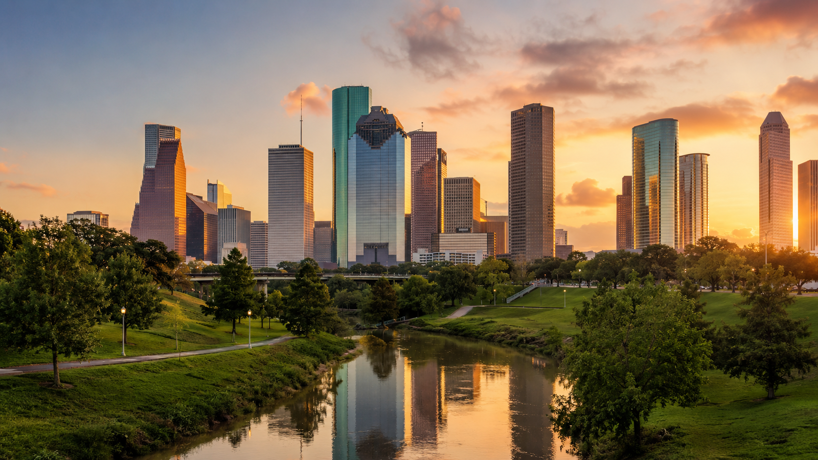 Houston skyline at golden hour with downtown skyscrapers, green park space, bayou water and sunset reflections in Texas, USA.