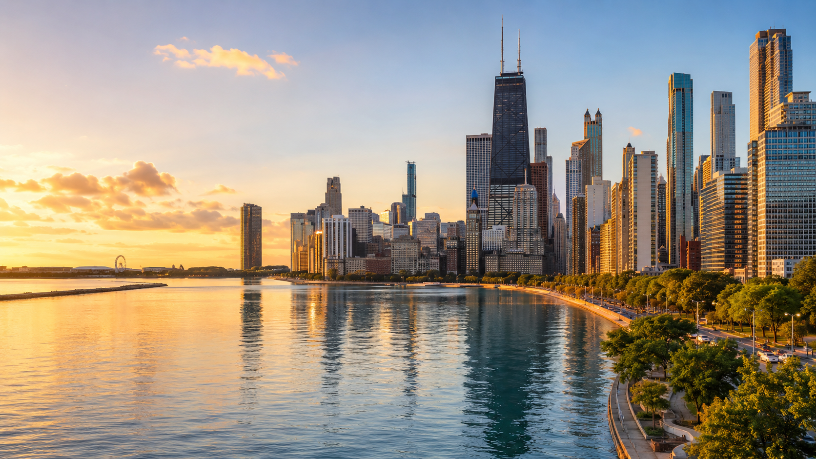 Chicago skyline at golden hour with Lake Michigan waterfront, downtown skyscrapers and calm water reflections in Illinois.