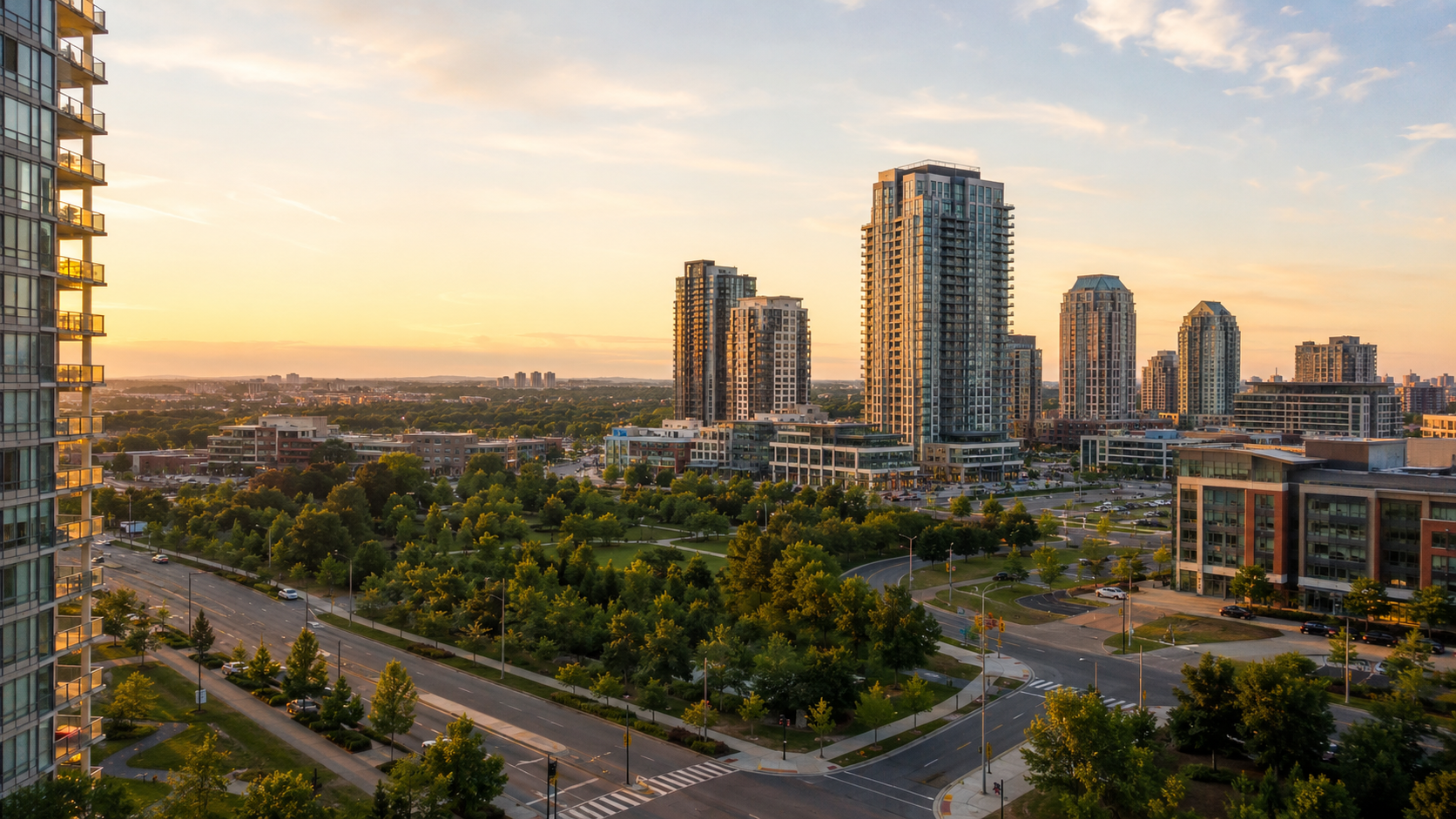 Markham skyline at golden hour with downtown high-rises, green park space and city streets in Ontario, Canada.