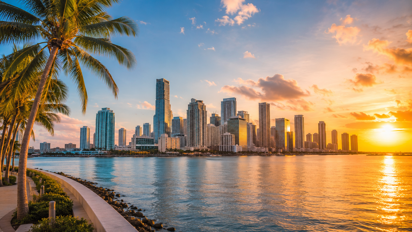 Miami skyline at golden hour with Biscayne Bay waterfront, palm trees and downtown high-rises in Florida.