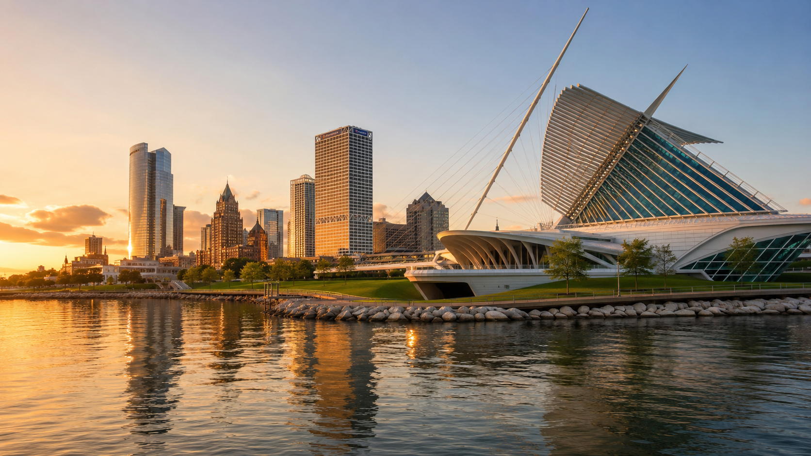 Milwaukee skyline at golden hour with Lake Michigan waterfront, downtown buildings and the Milwaukee Art Museum.