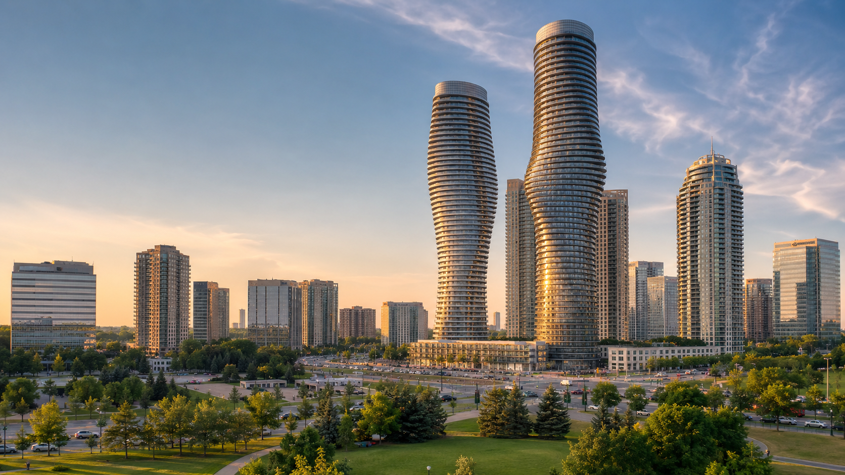 Mississauga skyline at golden hour with Absolute World towers, downtown high-rises, green park space and city streets in Ontario, Canada.