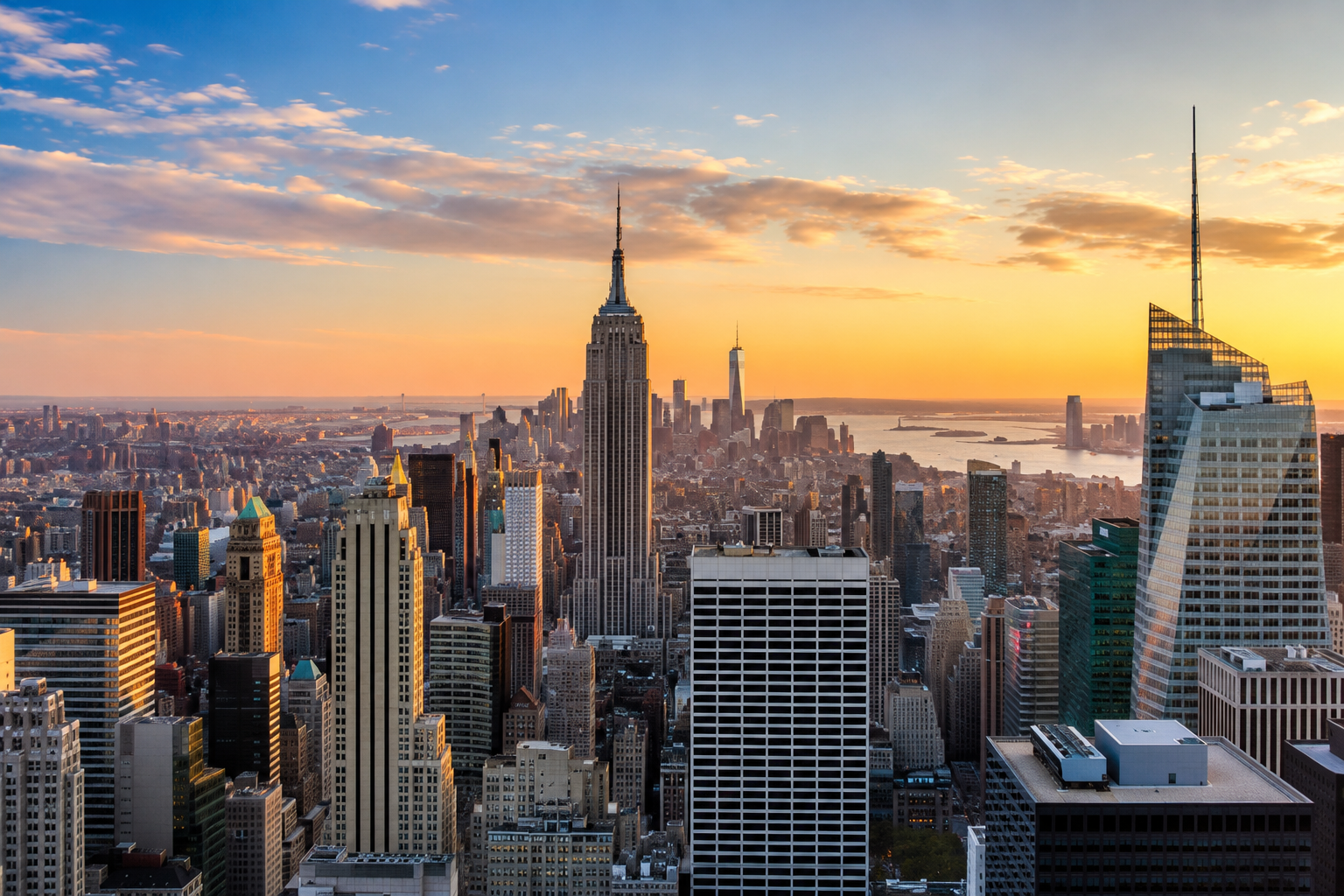 New York City skyline at golden hour with the Empire State Building, Manhattan skyscrapers and One World Trade Center in the distance.
