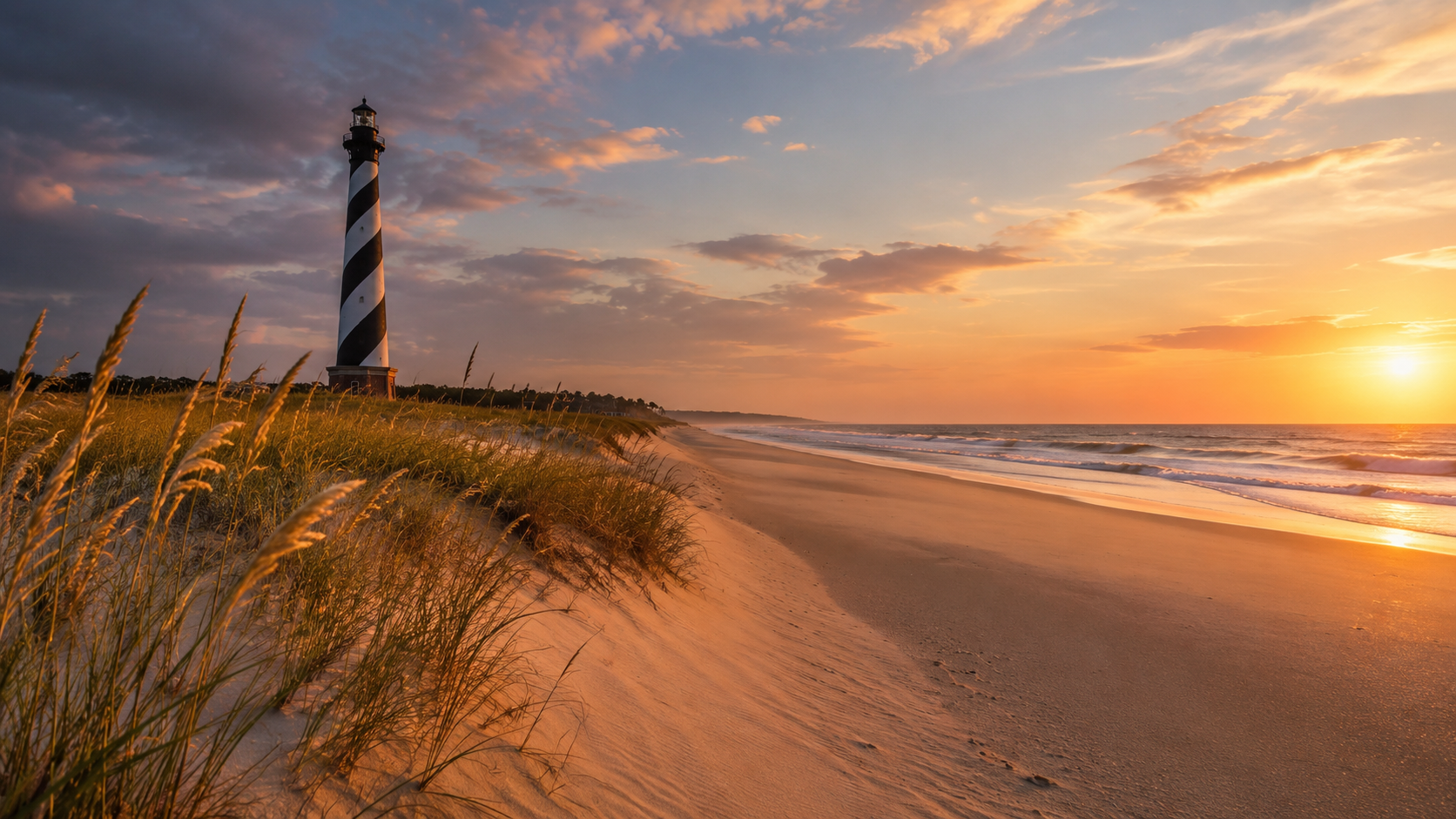 North Carolina beach at sunset with Cape Hatteras Lighthouse, sand dunes, ocean waves and coastal grass.