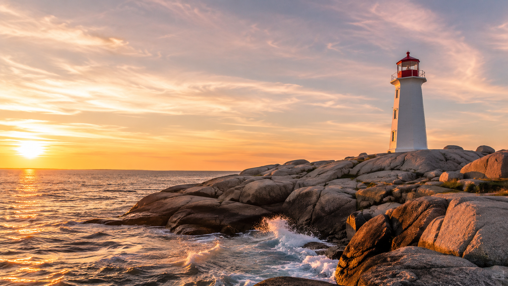 Nova Scotia lighthouse at golden hour on a rocky Atlantic coastline with ocean waves and sunset sky.