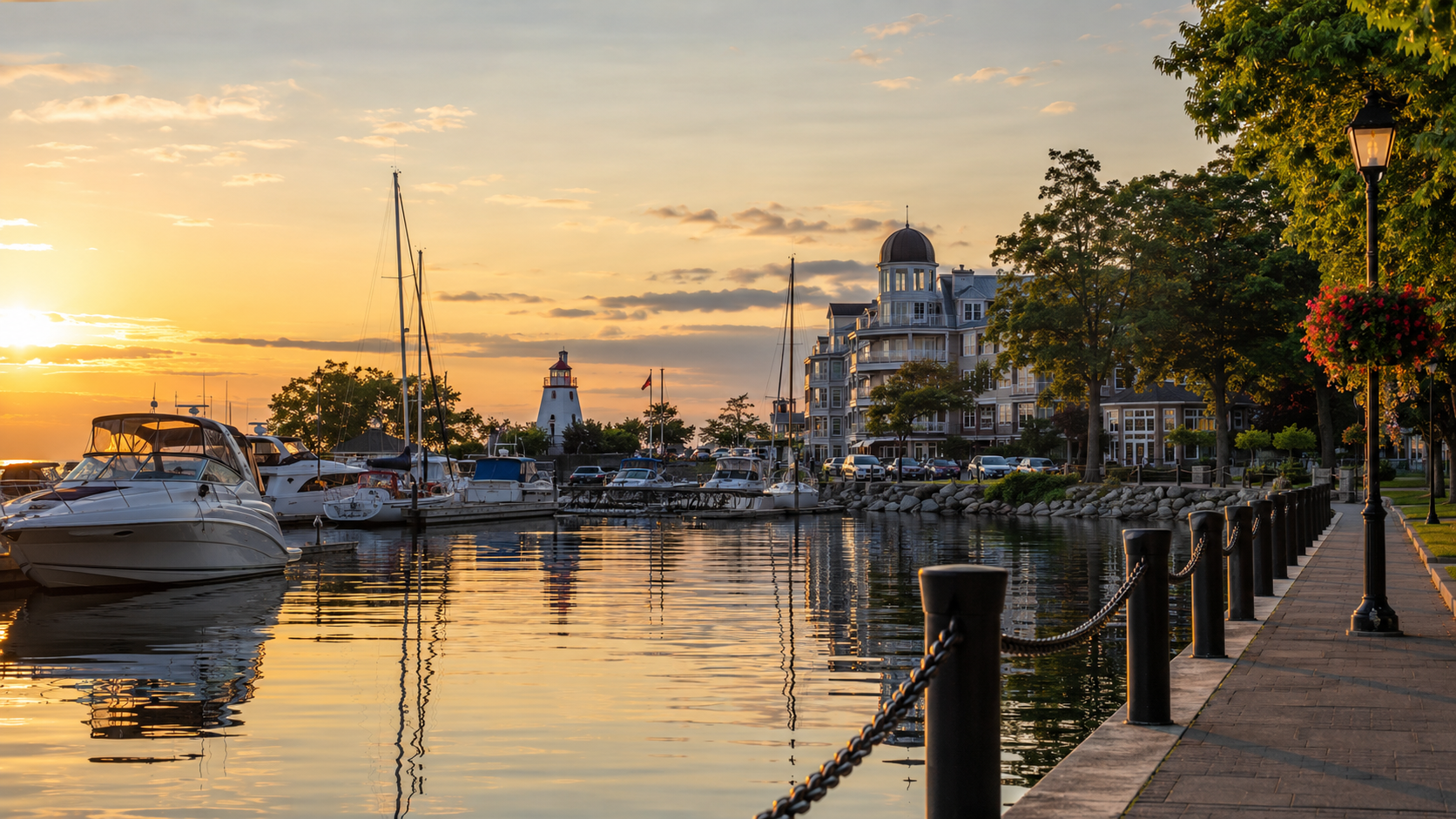 Oakville harbour at golden hour with marina boats, waterfront walkway, lighthouse and Lake Ontario reflections.
