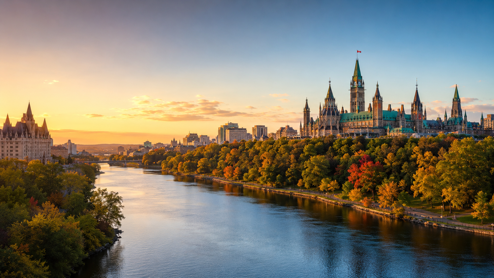Ottawa skyline at golden hour with Parliament Hill, Peace Tower and the Ottawa River waterfront in Ontario, Canada.