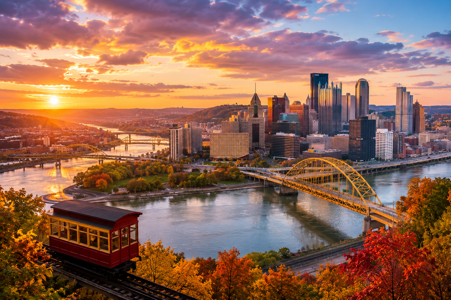 Pennsylvania skyline at golden hour with Pittsburgh rivers, yellow bridges, downtown buildings, autumn trees and hillside incline.