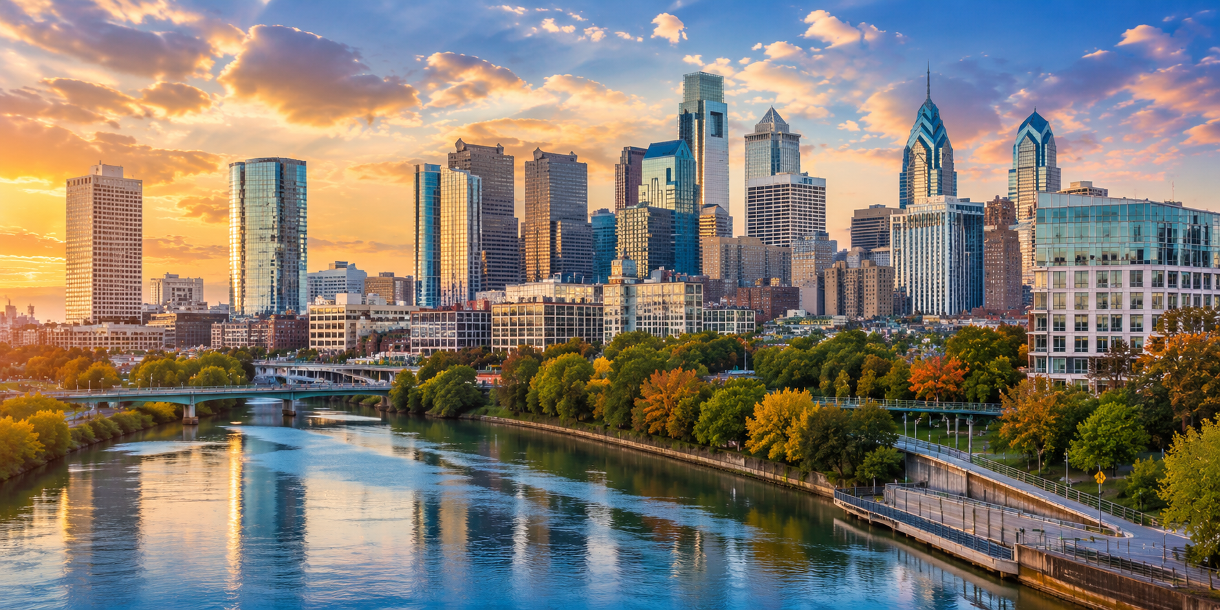 Philadelphia skyline at golden hour with Schuylkill River reflections, downtown skyscrapers, riverfront park and city bridges in Pennsylvania.