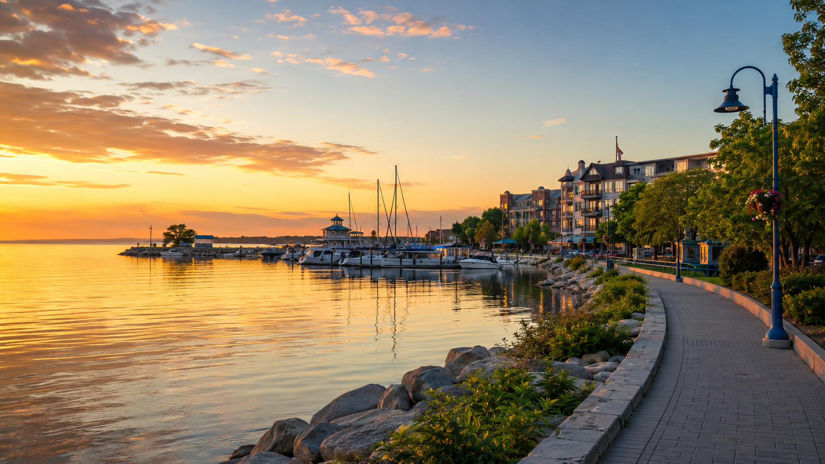 Pickering waterfront at golden hour with marina boats, lakeside promenade, calm Lake Ontario water and sunset reflections.