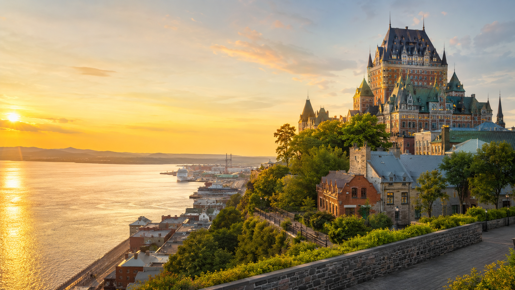 Quebec City waterfront at golden hour with Château Frontenac overlooking the St. Lawrence River in Quebec, Canada.