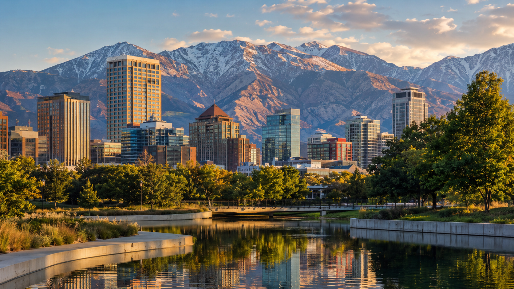 Salt Lake City skyline at golden hour with downtown buildings, water reflections, green park space and Wasatch Mountains.