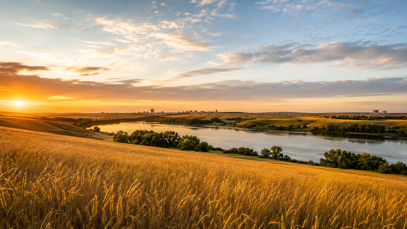 Saskatchewan prairie landscape at sunset with golden wheat fields, river valley, rolling hills and distant skyline in Canada.