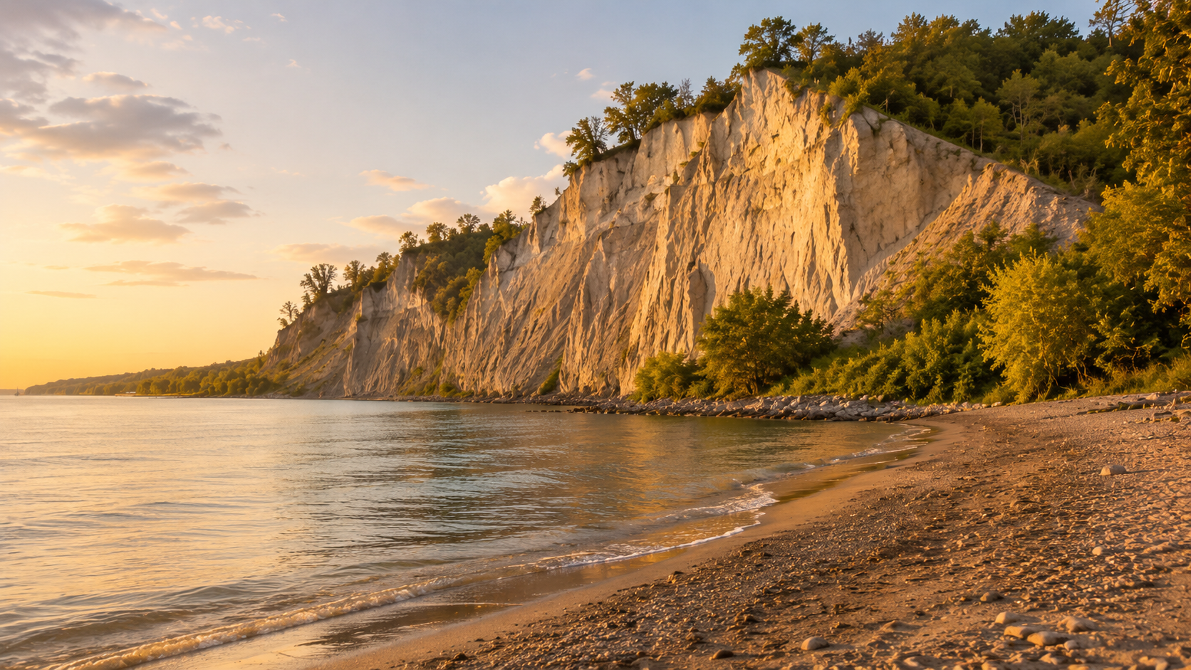 Scarborough Bluffs at golden hour with sandy shoreline, Lake Ontario water, white cliffs and tree-covered bluffs in Toronto.
