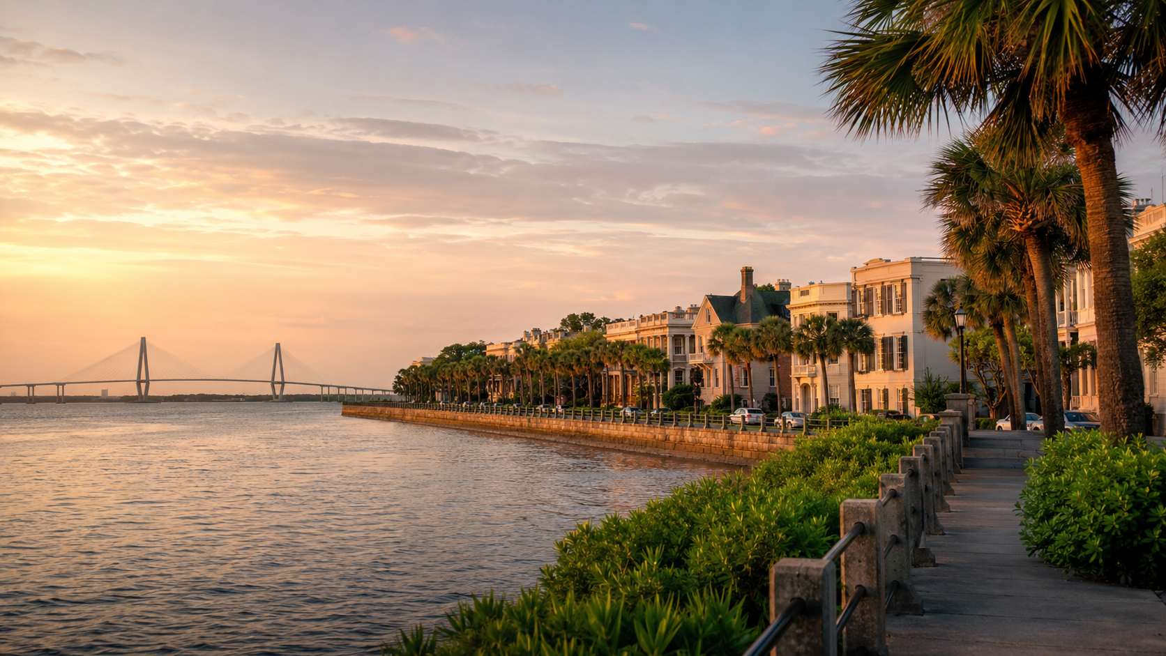 South Carolina waterfront at golden hour with Charleston-style historic homes, palm trees, harbour views and bridge in the distance.