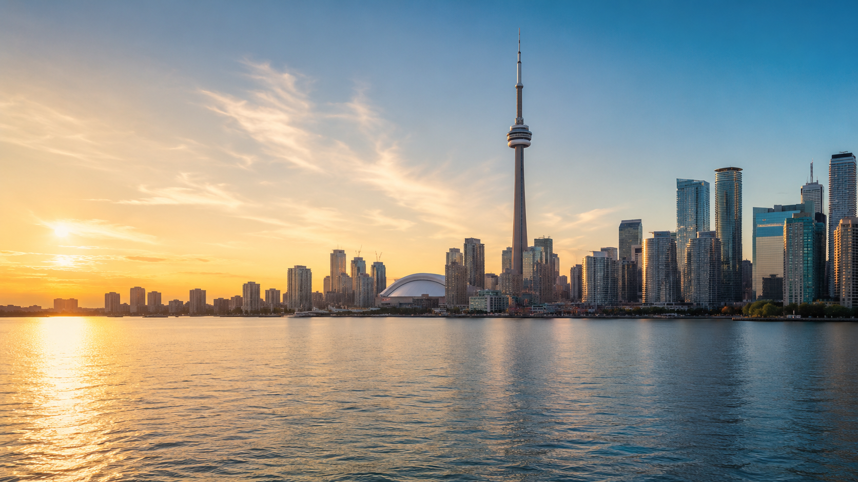 Toronto skyline at golden hour with the CN Tower, Rogers Centre and Lake Ontario waterfront for a marketplace hero image.