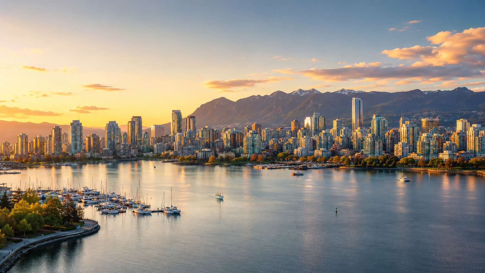 Vancouver skyline at golden hour with downtown high-rises, marina, harbour water and North Shore mountains in British Columbia, Canada.