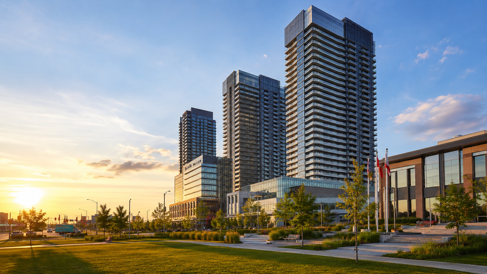 Vaughan Metropolitan Centre at golden hour with modern high-rises, city park, streets and urban development in Ontario, Canada.