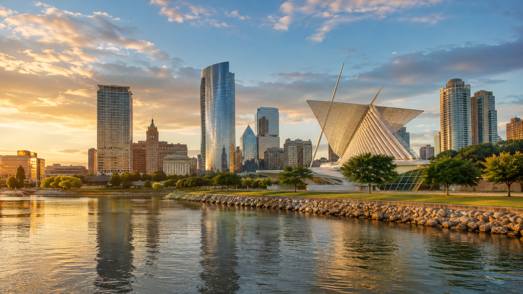 Wisconsin skyline at golden hour with Milwaukee waterfront, Lake Michigan reflections and the Milwaukee Art Museum.