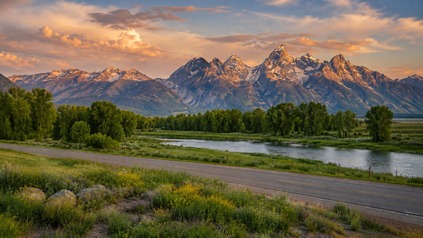 Wyoming landscape at golden hour with Grand Teton mountain peaks, river, wildflowers, forest and scenic road.